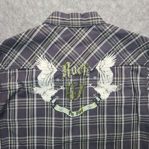 Wranglers Rock 47 Pearl Snap Shirt Mens‎ L Gray Plaid Western Rodeo Rockabilly